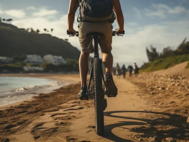 E-Bike-Fahrer auf einem Sandweg an der Küste Mallorcas